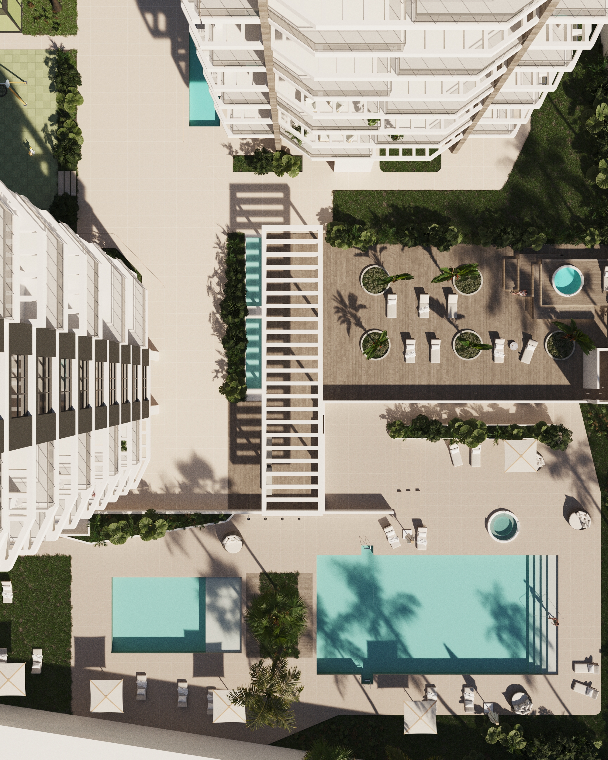 Aerial view of communal areas and pools at Jade 2 in Calpe