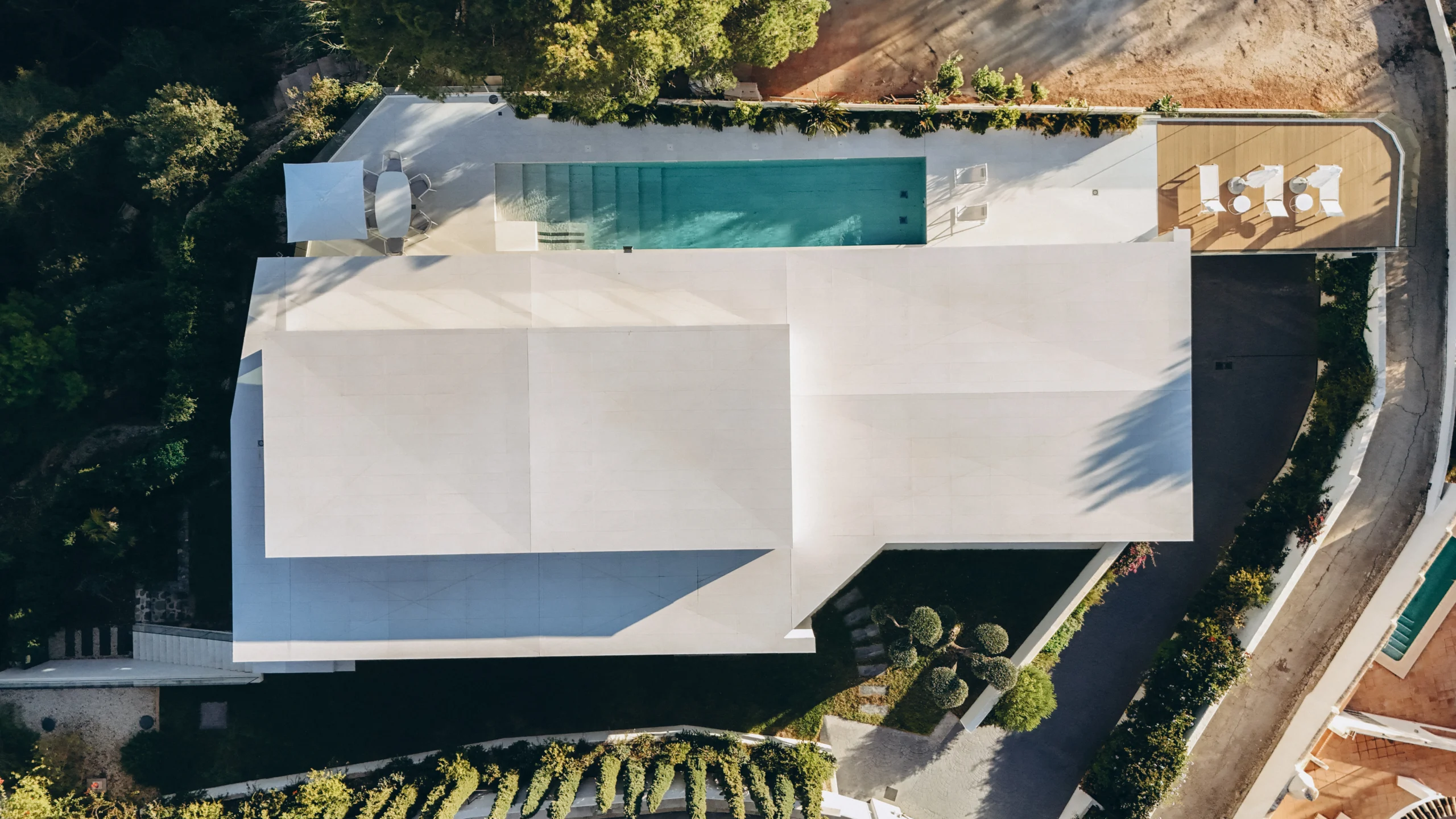 Aerial view of first-line new-build villa with infinity pool in Altea