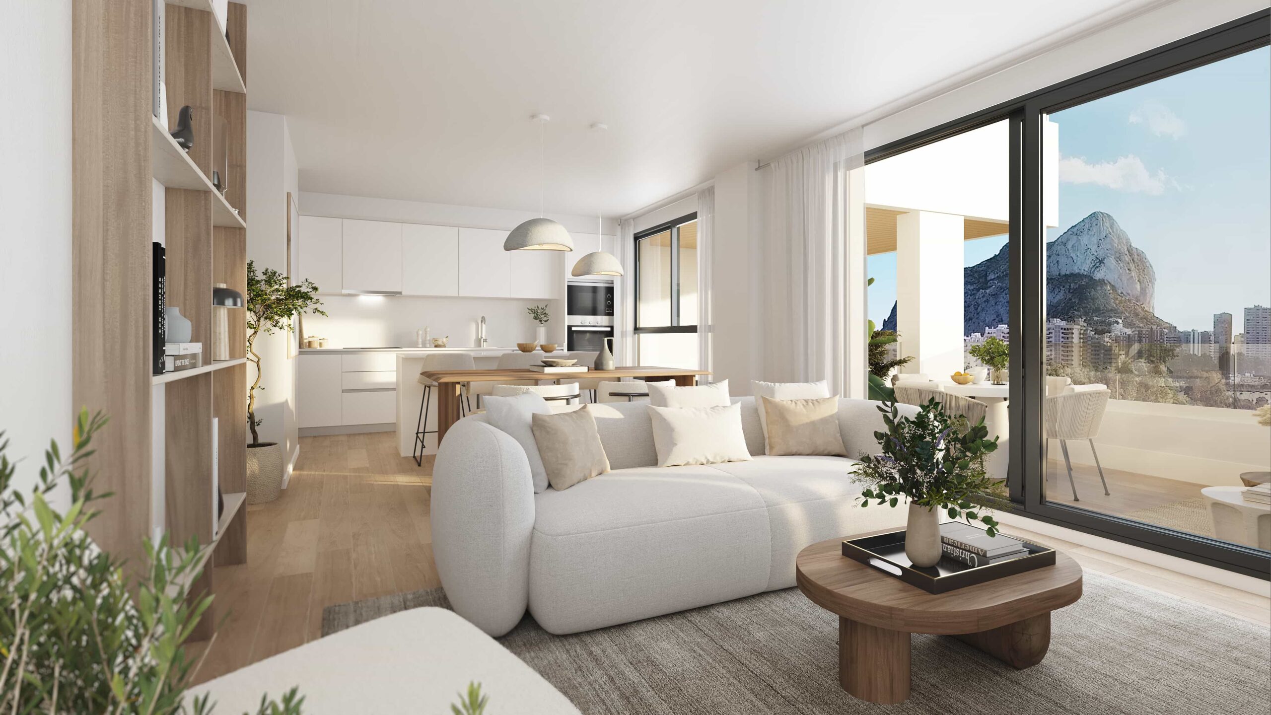 Bright open-plan living room with terrace and Peñón de Ifach views in new-build apartments, Calpe