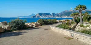 Scenic view of Calpe’s coastline and Mediterranean Sea on a clear sunny day in Spain.