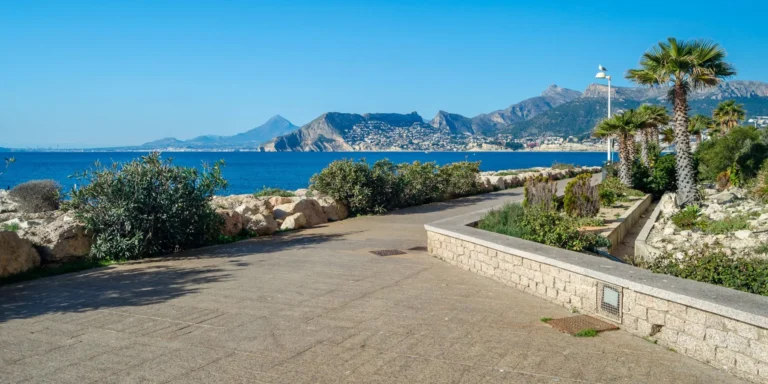 Scenic view of Calpe’s coastline and Mediterranean Sea on a clear sunny day in Spain.