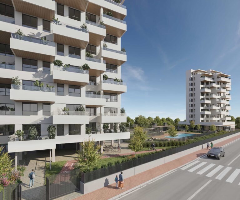 Contemporary apartment towers with landscaped entrance in new residential development, Calpe
