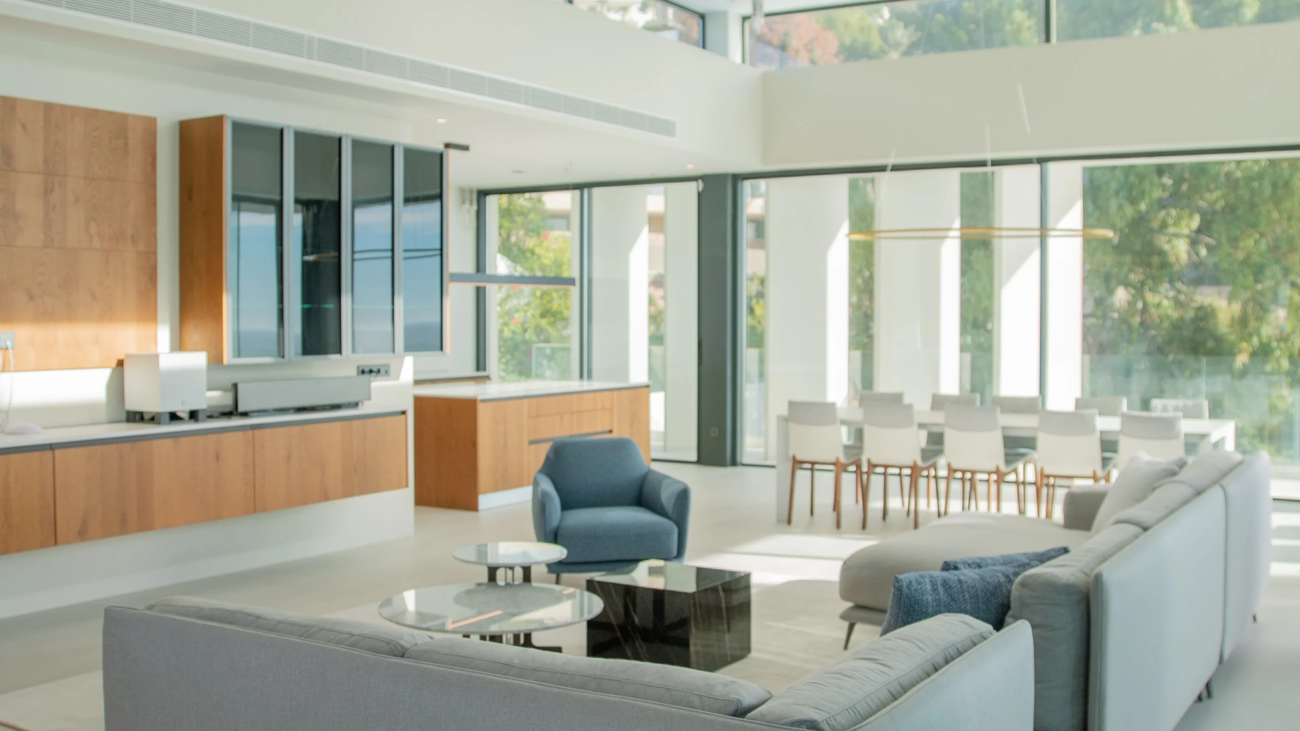 Contemporary kitchen and lounge with Mediterranean views in Altea villa