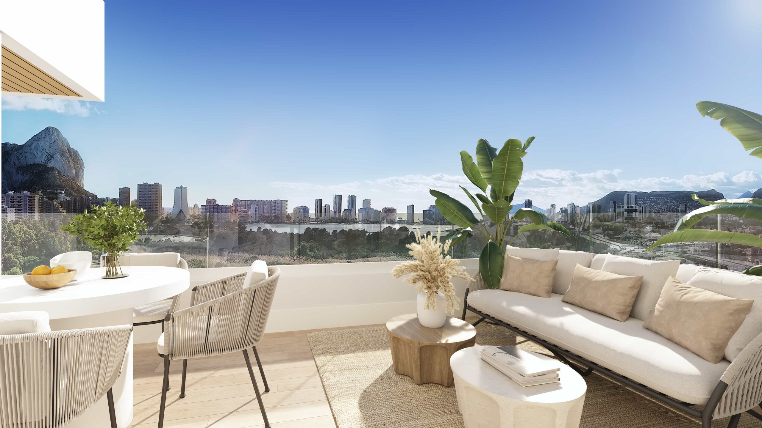 Daytime terrace with dining area and sea views in Mediterranean new-build apartments, Calpe