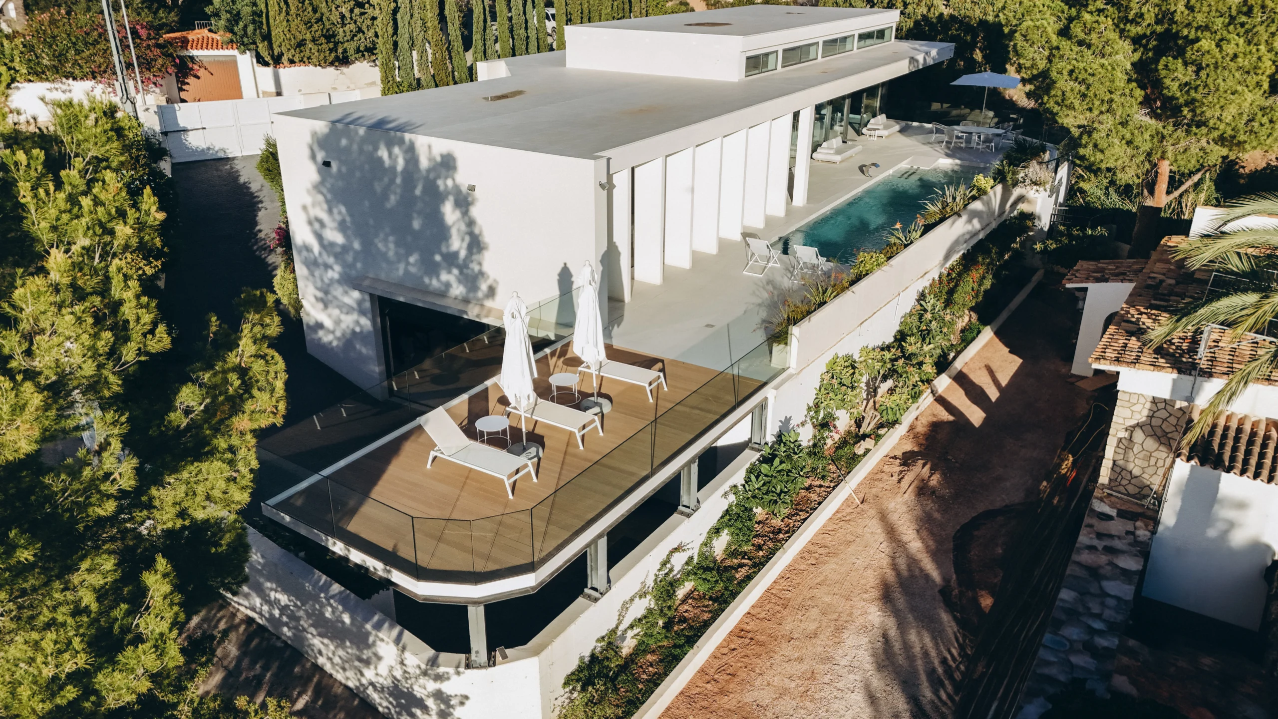 Drone view of contemporary first-line luxury villa with sea access in Altea