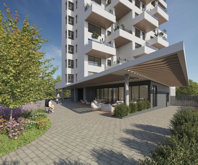 Entrance and lobby area of contemporary apartment development with landscaped surroundings, Calpe