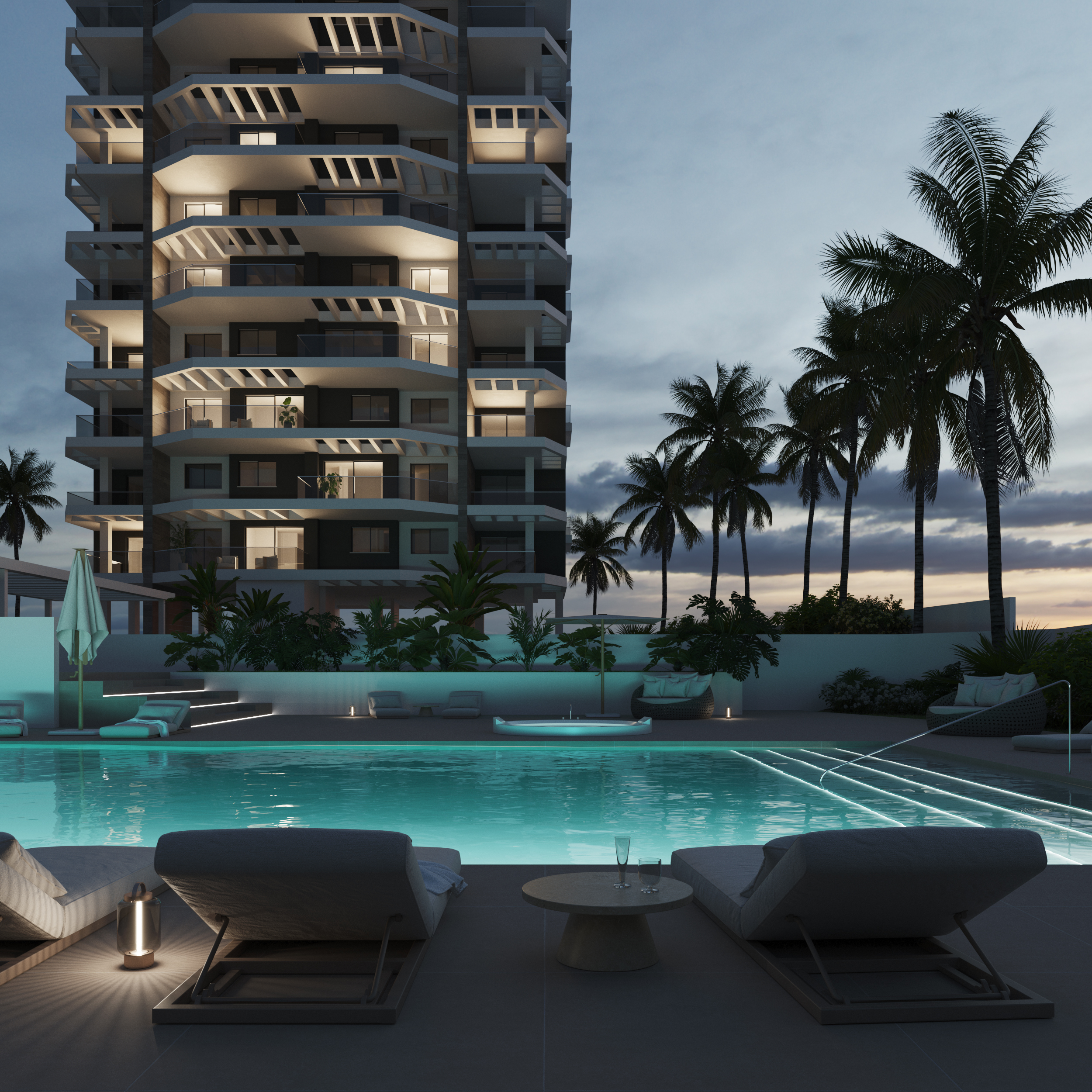 Evening pool area at a luxury apartment development in Calpe