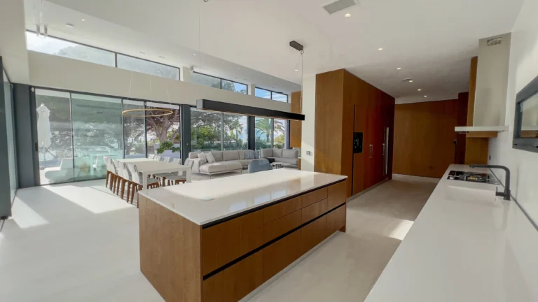 Luxury open-plan kitchen with large island and sea views in Altea villa