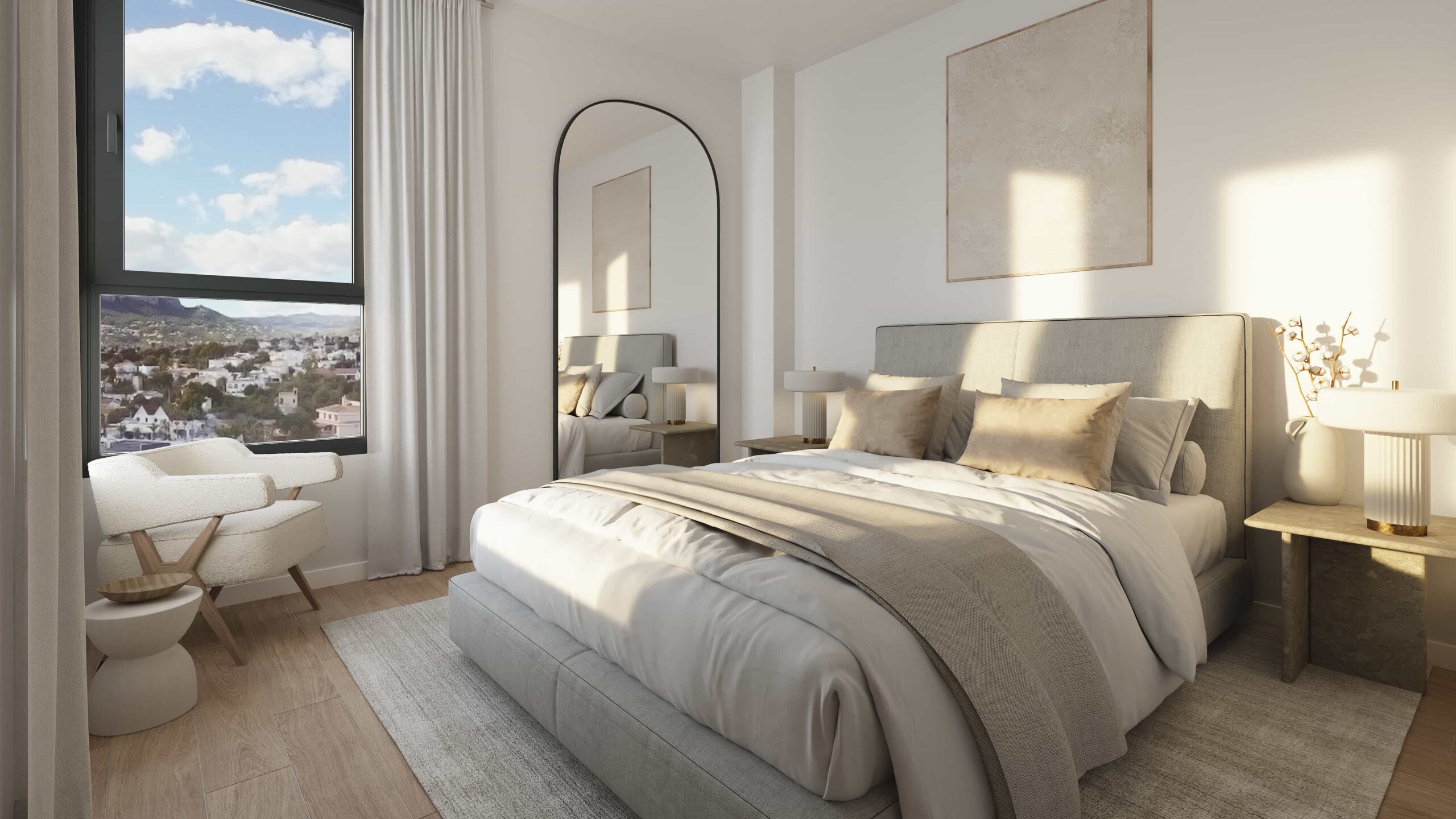 Modern bedroom with large windows and skyline views in new-build residences, Calpe