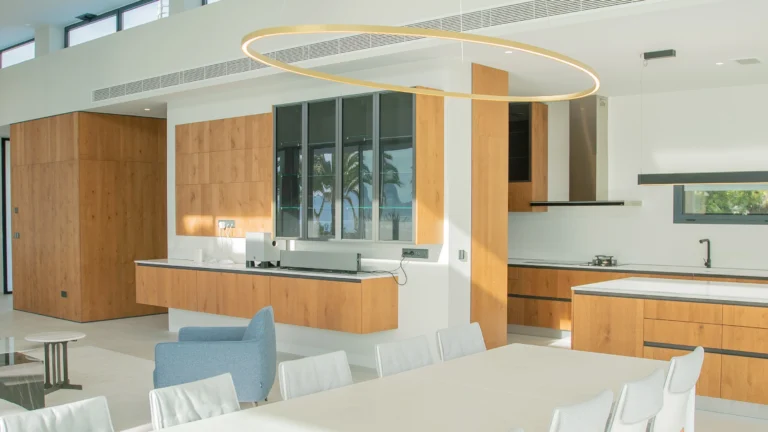 Modern open-plan kitchen with sea view at luxury villa in Altea
