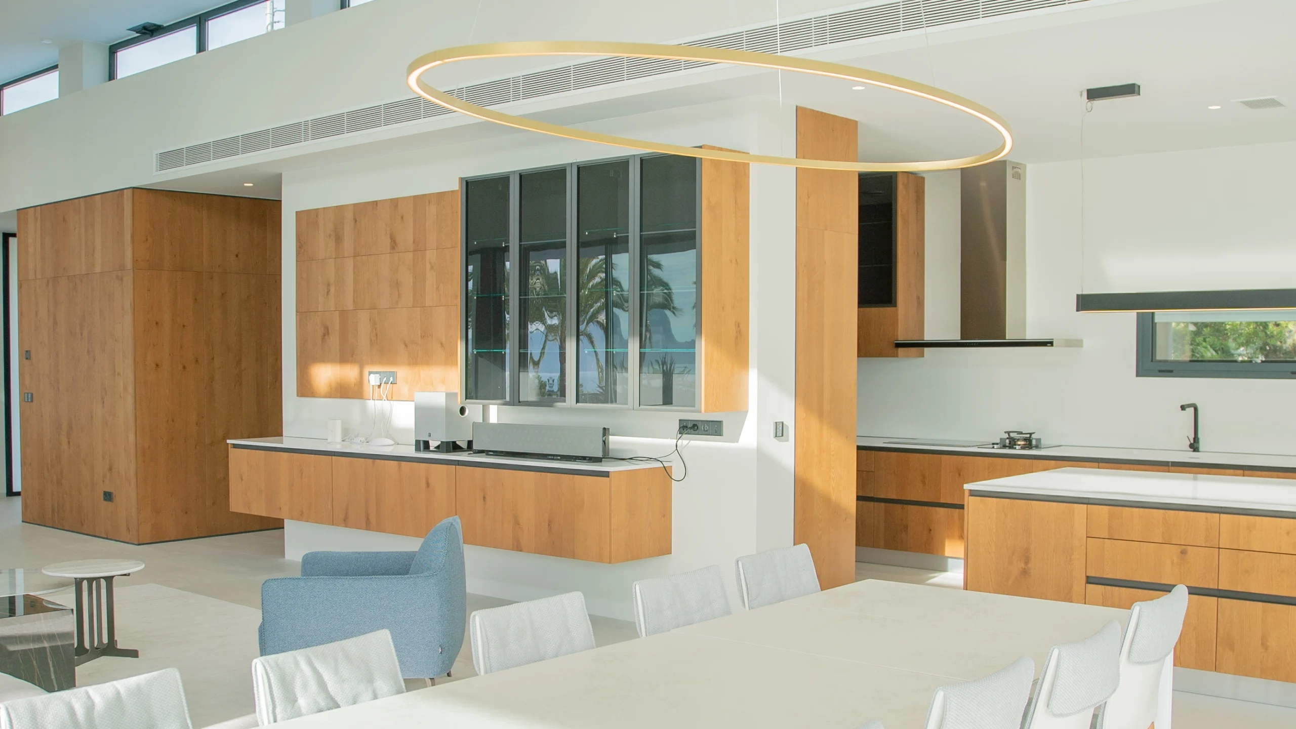 Modern open-plan kitchen with sea view at luxury villa in Altea