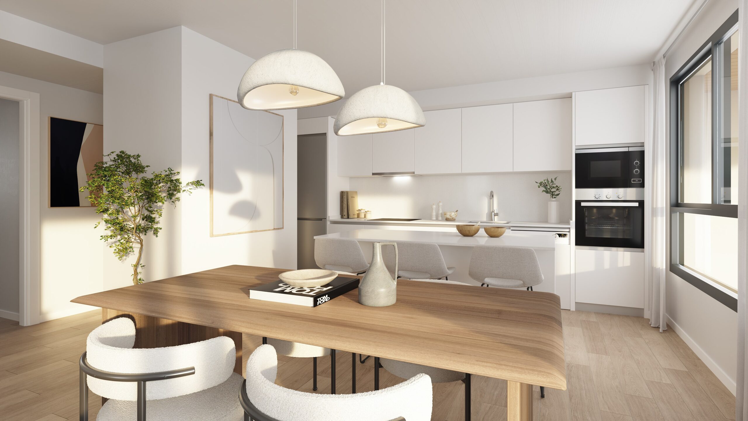 Open-plan kitchen and dining area with large windows in new-build apartments, Calpe
