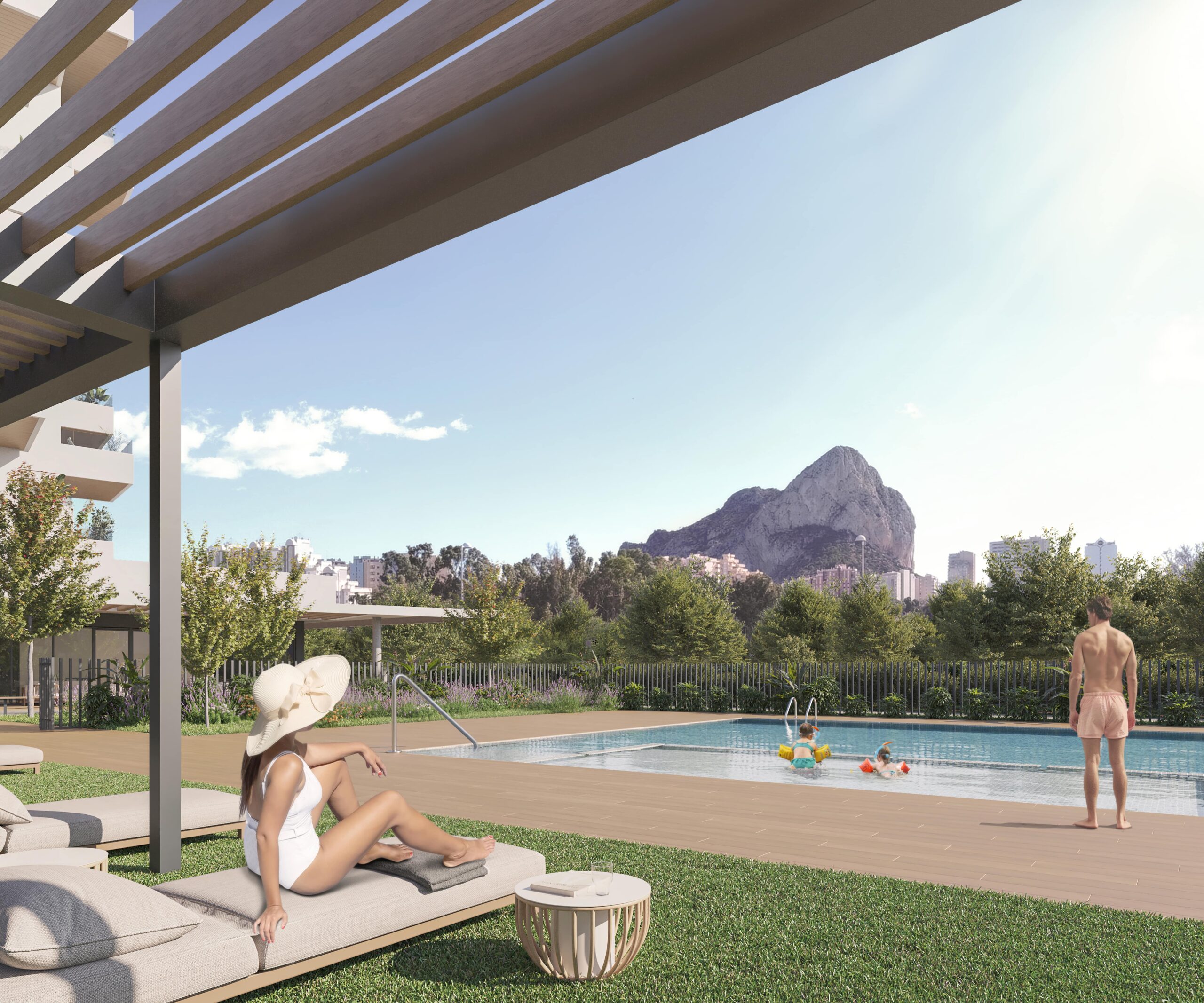 Poolside leisure area with Peñón de Ifach views in modern residential development, Calpe