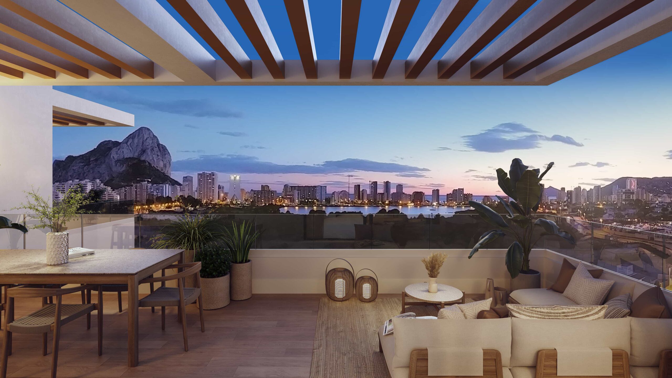 Sunset terrace with panoramic views of Peñón de Ifach in modern new-build development, Calpe