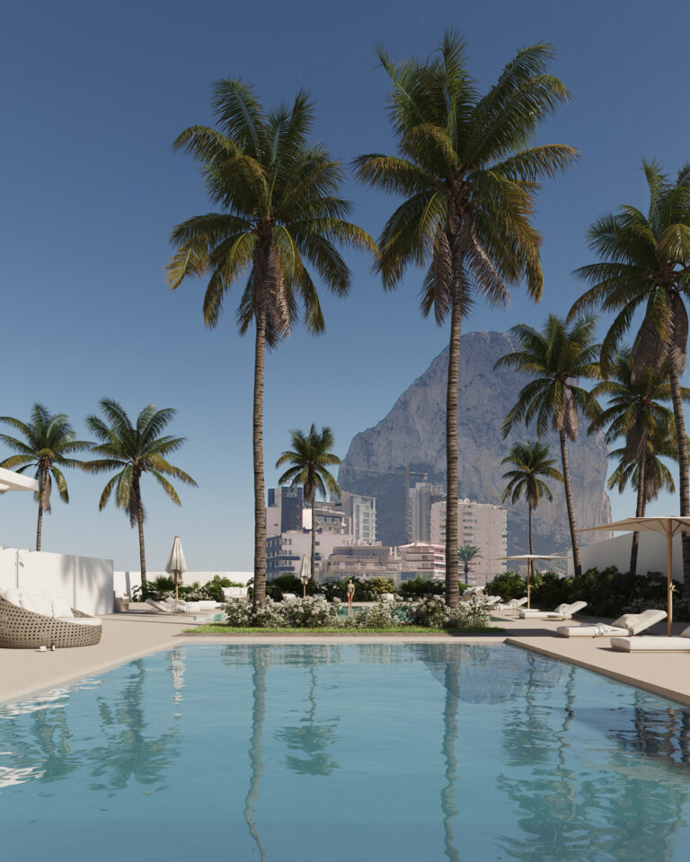 Swimming pool with Peñón de Ifach views in a modern new-build apartment development in Calpe