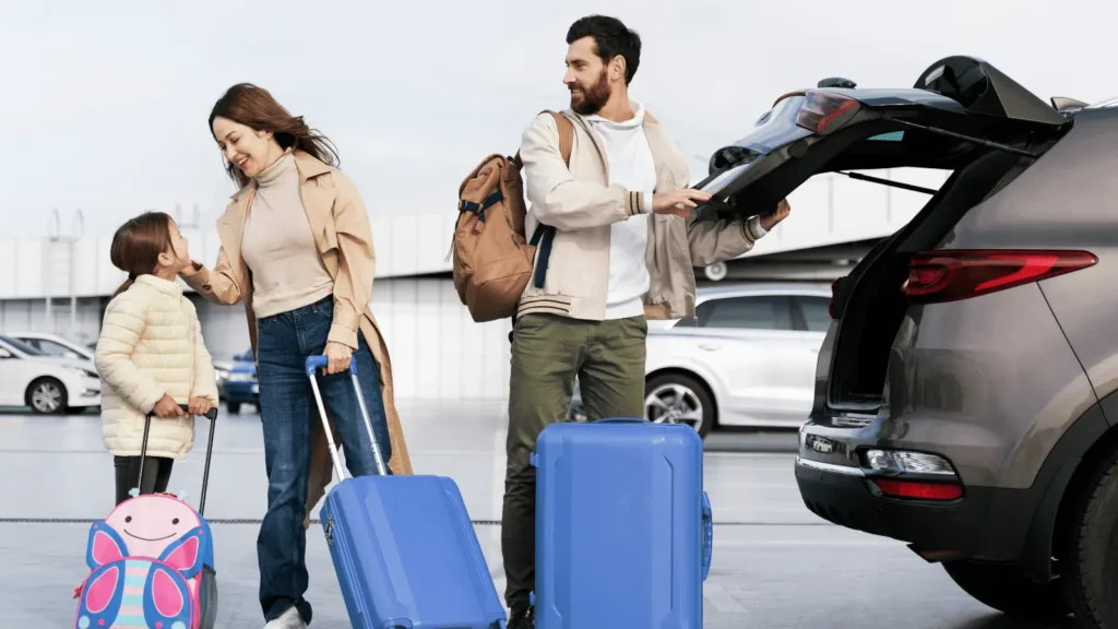 Family collecting luggage and rental car at Alicante Airport before travelling to Calpe