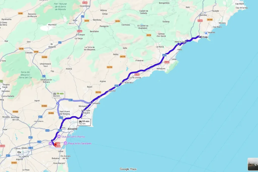 Map showing the AP-7 driving route from Alicante Airport to Calpe on the Costa Blanca
