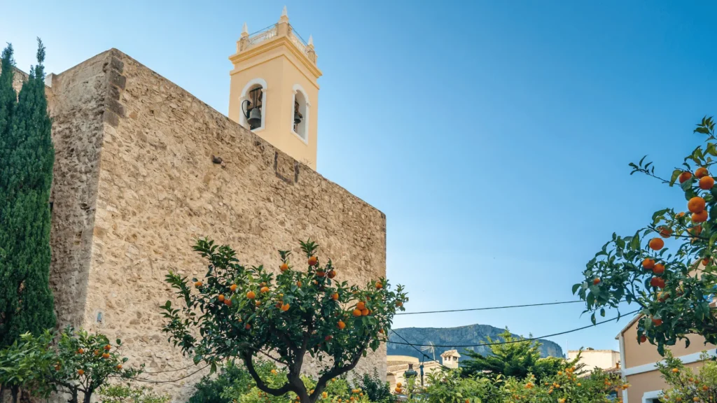 Calpe Pueblo church and historic centre with orange trees and traditional Spanish architecture on the Costa Blanca