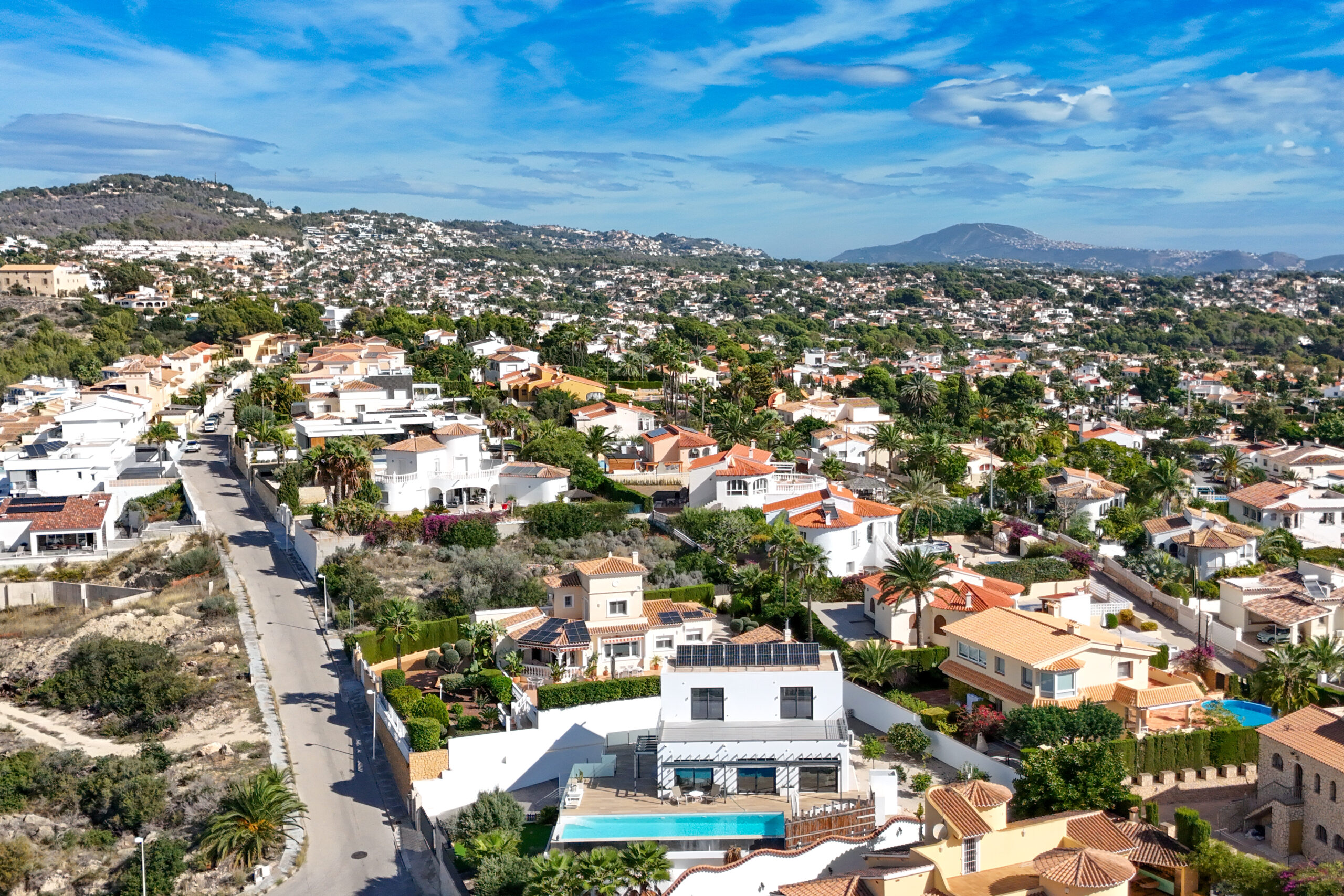 Aerial view over the Casanova area of Calpe on the Costa Blanca