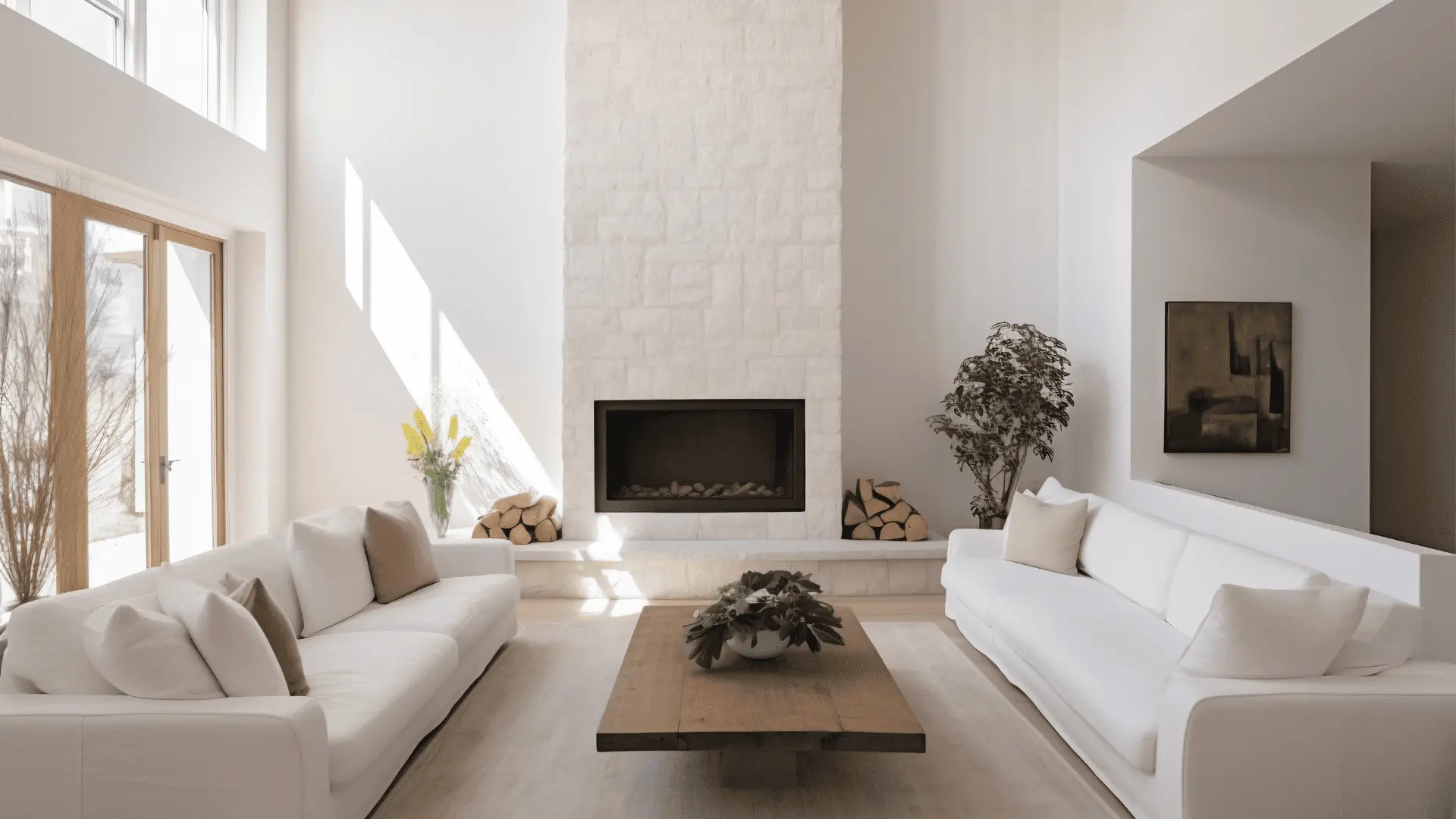 Bright modern living room with double-height ceiling, fireplace, and neutral styling in a property for sale in Spain.