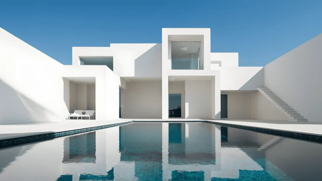 Modern white villa with swimming pool in Spain, illustrating property value and pricing when selling a home.