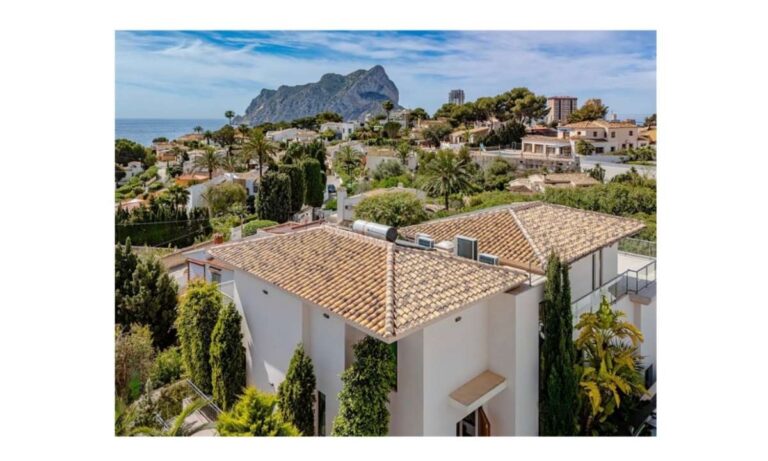 Aerial view from a modern luxury villa in La Calalga, Calpe with surrounding homes, Mediterranean Sea views and the Peñón de Ifach