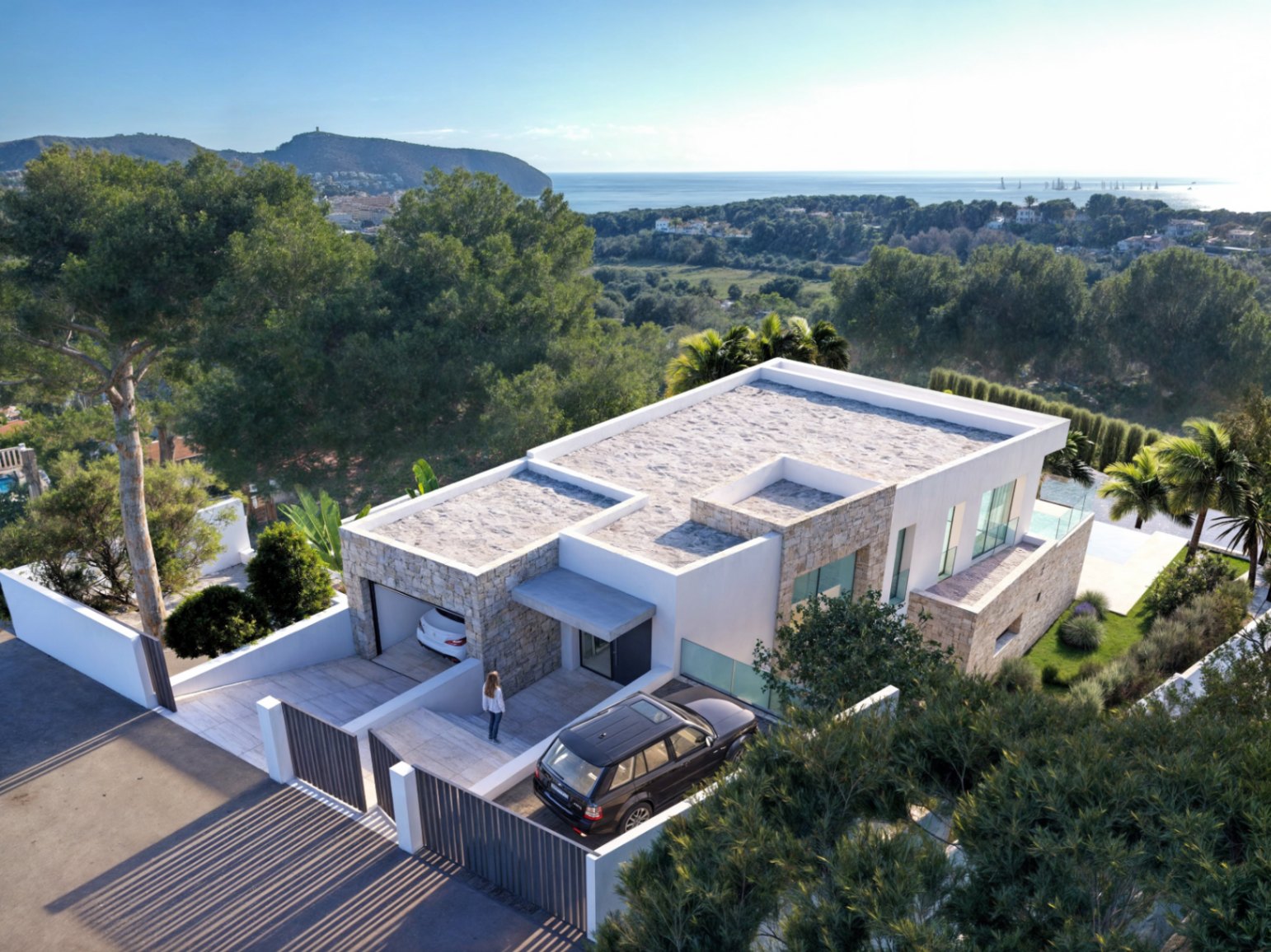 Aerial view of modern sea view villa project near Moraira town centre