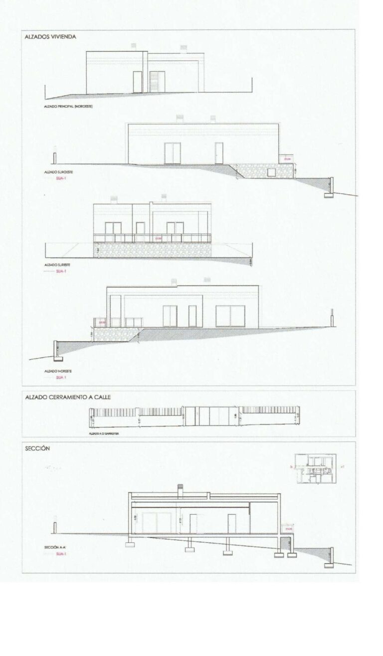 Architectural elevation drawings for a single-level modern villa in Santa Clara, Altea showing exterior design and building layout details