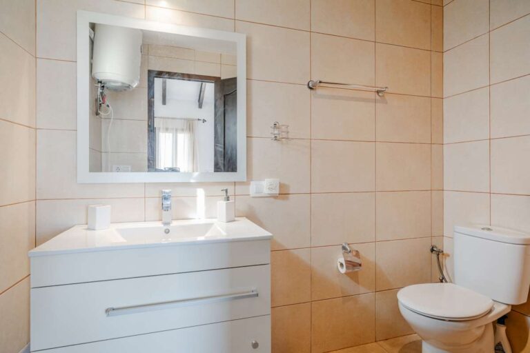 Bathroom inside a historic finca in Benissa with modern vanity unit, toilet, mirror and tiled walls