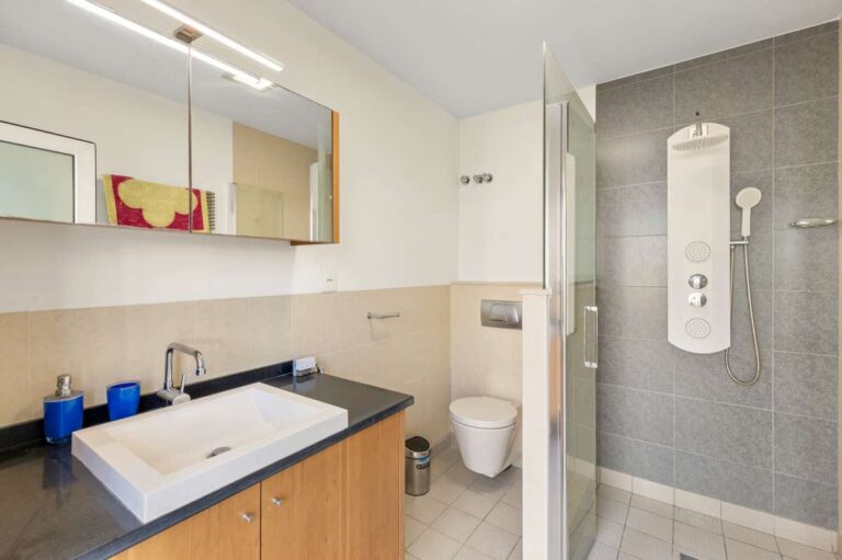Bathroom inside a private villa in Calpe with walk-in shower, vanity unit, toilet and modern tiled finish