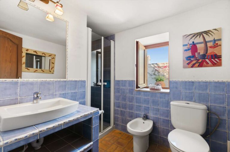 Bathroom inside a traditional Spanish finca near Moraira with blue tiled finish, shower enclosure, vanity unit, toilet and bidet