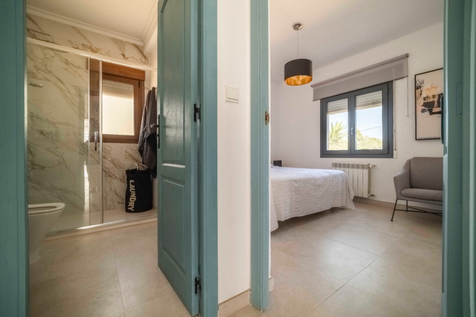 Bedroom entrance inside renovated Ibiza-style villa in Calpe