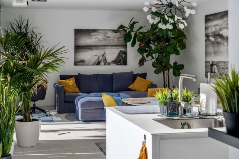 Bright living area with sofa, kitchen island and indoor planting inside a modern oasis villa in Calpe.