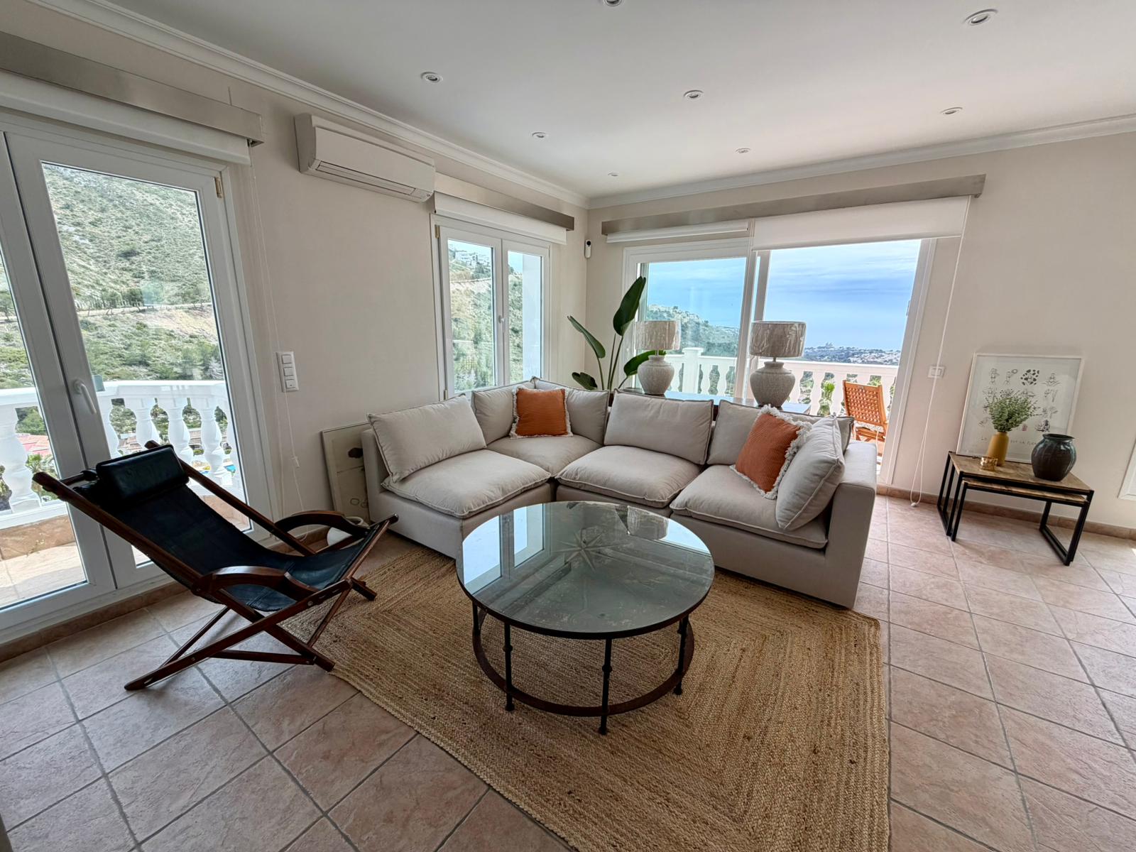 Bright living room with sea views at modern villa near El Portet Moraira