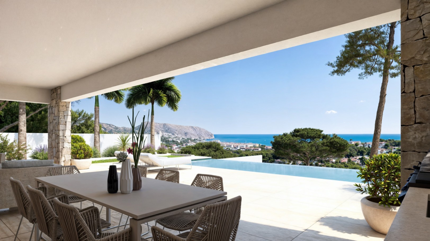 Covered terrace with sea views at modern villa project in Moraira