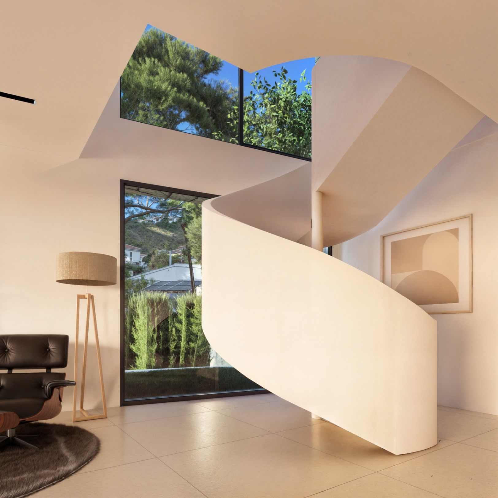 Curved interior staircase at modern villa project in Moraira
