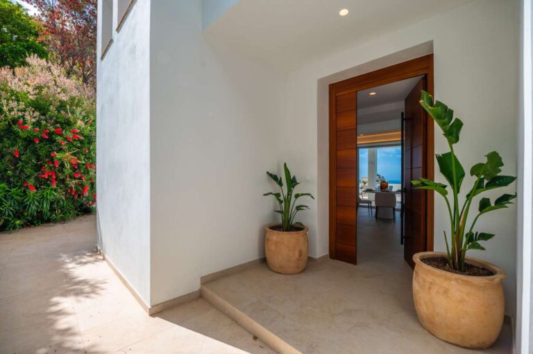Entrance to a modern villa in Altea Hills with wooden front door, potted plants, white exterior walls and covered doorway