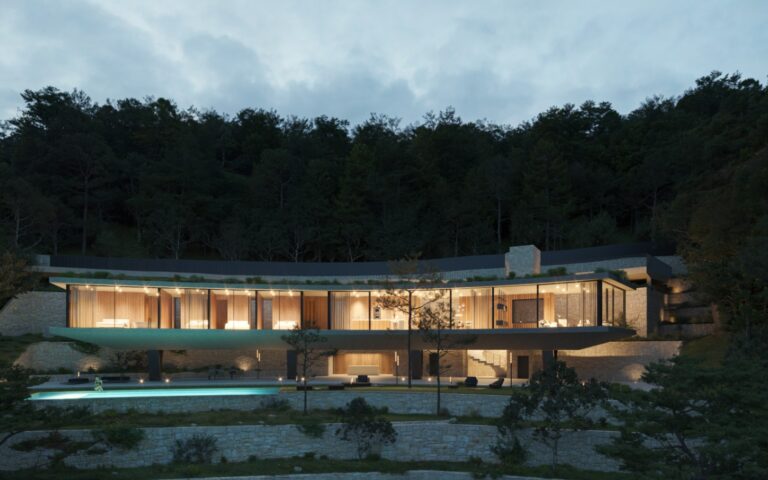 Evening exterior of avant-garde luxury villa under construction in Benissa