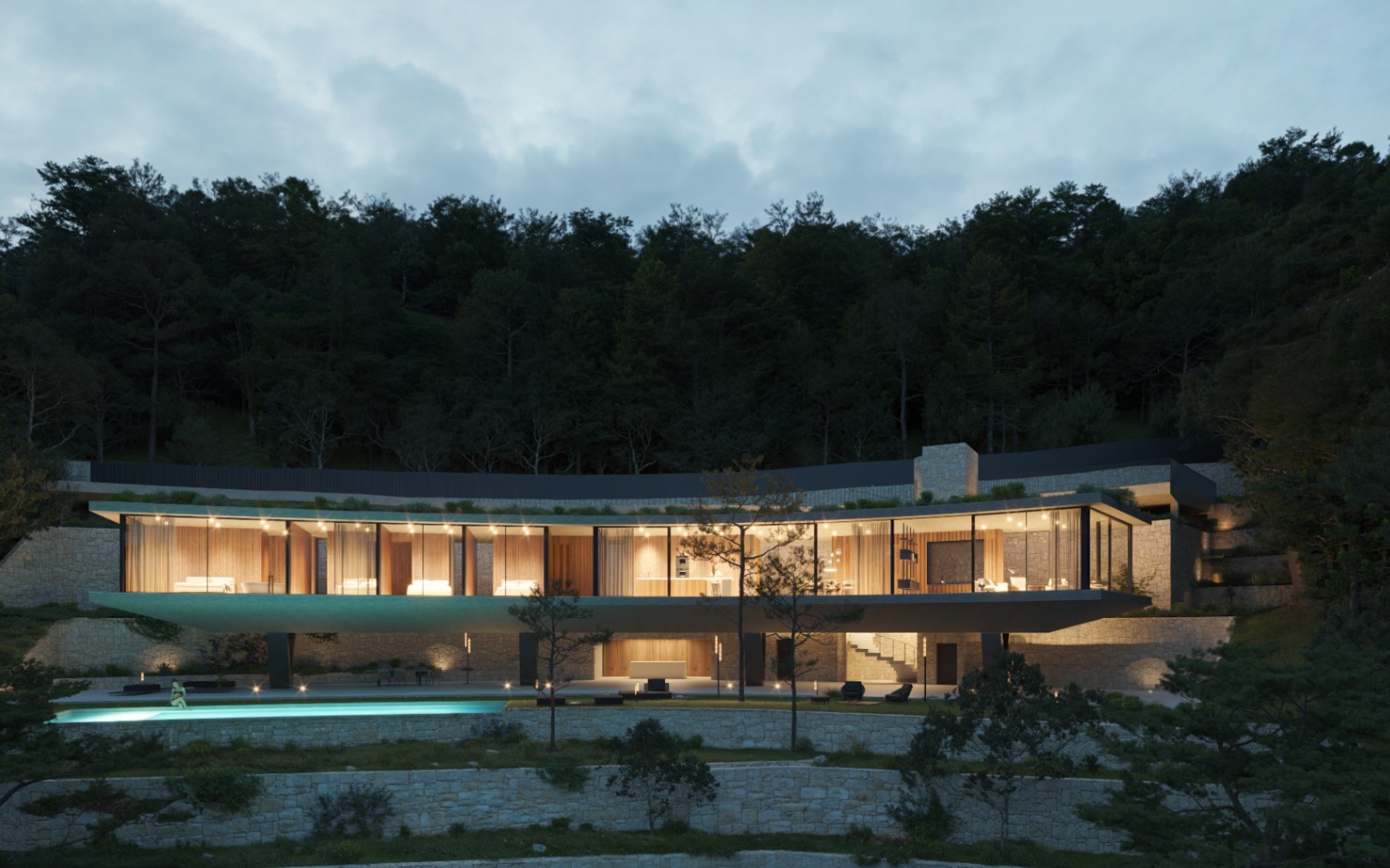 Evening exterior of avant-garde luxury villa under construction in Benissa