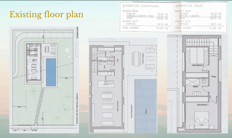 Existing floor plan showing the layout of a modern oasis villa in Calpe with living areas, bedrooms, terraces and pool.