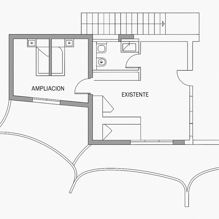 Floor plan for a Benissa sea view villa showing bedroom layout, bathroom, interior spaces and terrace access