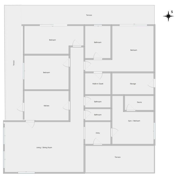 Floor plan of a single-level modern villa in Santa Clara, Altea showing bedroom layout, living areas, kitchen, bathrooms and terrace arrangement