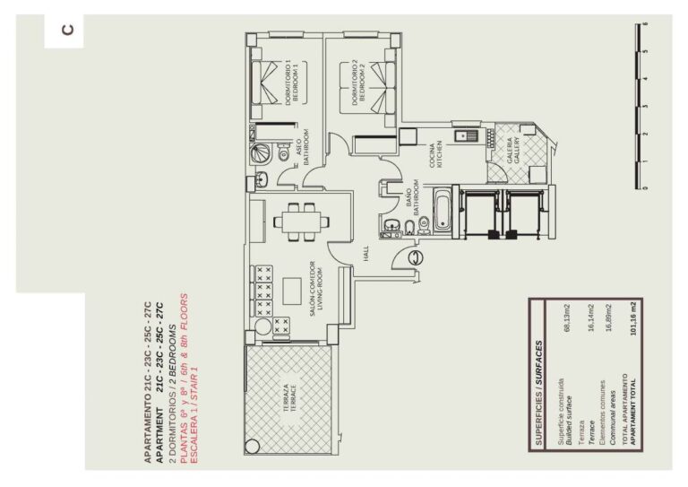 Floor plan showing the layout of a beachfront apartment in La Fossa, Calpe with bedrooms, bathrooms, living area and terrace
