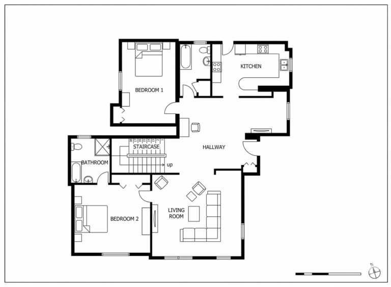 Floor plan showing the layout of a contemporary villa in Calpe with bedrooms, living area, kitchen, office and terrace access.