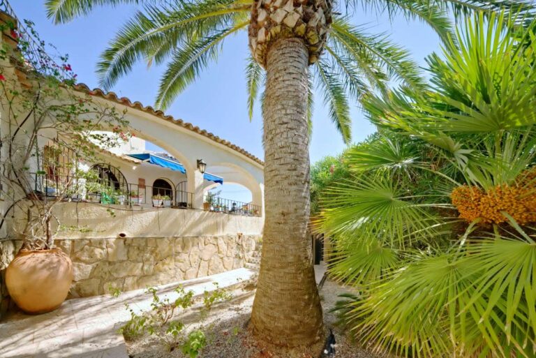 Garden area with palm trees and Mediterranean planting beside a second line villa near Puerto Blanco in Calpe.