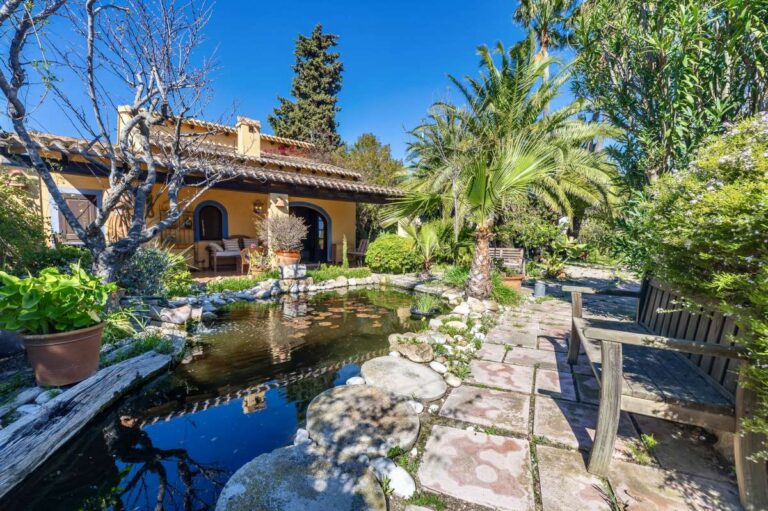 Garden pond at a traditional Spanish finca near Moraira with stone pathways, palm trees, mature planting and rustic Mediterranean exterior