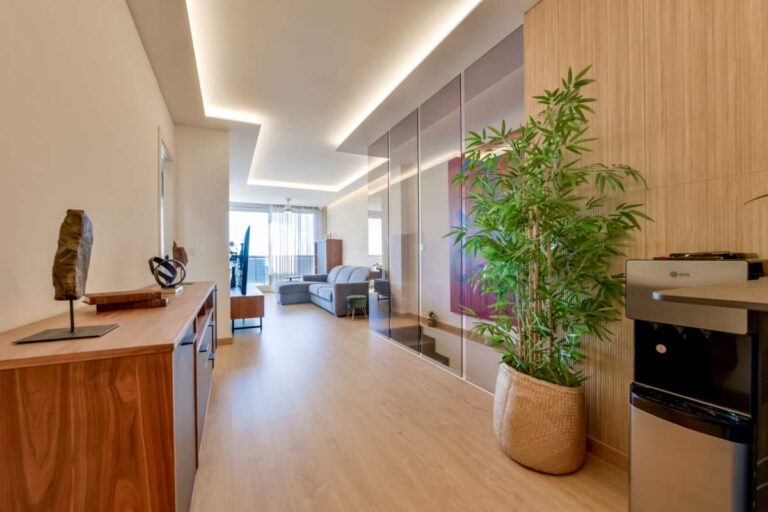 Hallway inside a luxury frontline beach duplex in Mascarat, Altea with modern interior finishes, open living area and natural light