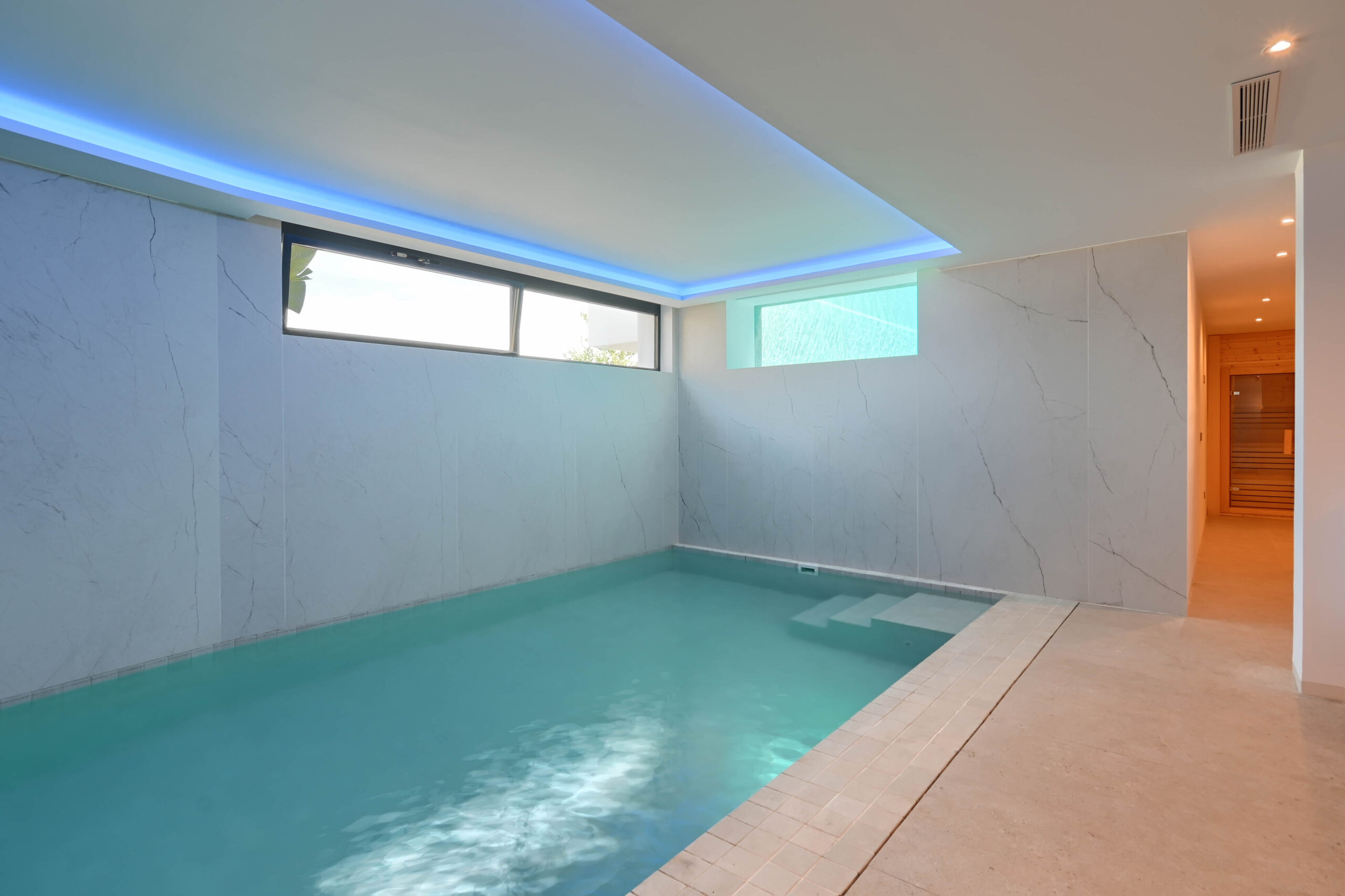 Indoor pool and wellness area at newly built luxury villa near La Fustera Beach