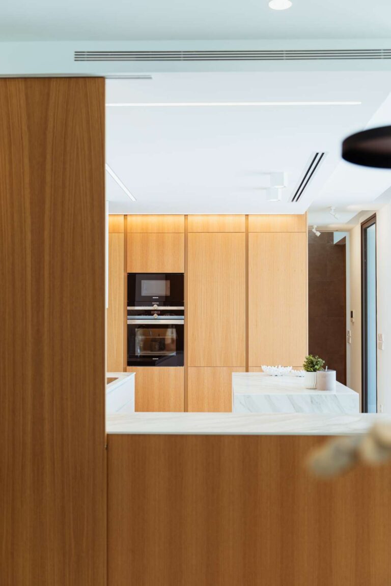 Kitchen detail inside a new-build luxury villa in Moraira with wood cabinetry, integrated appliances and modern island design