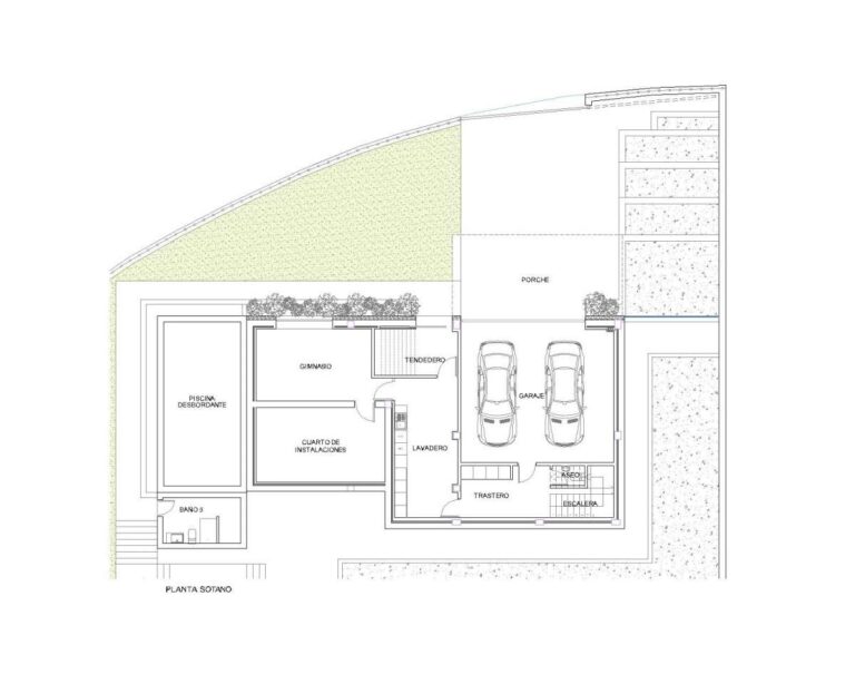 Lower floor plan for a new-build luxury villa in Moraira showing garage, storage areas, pool level and interior layout